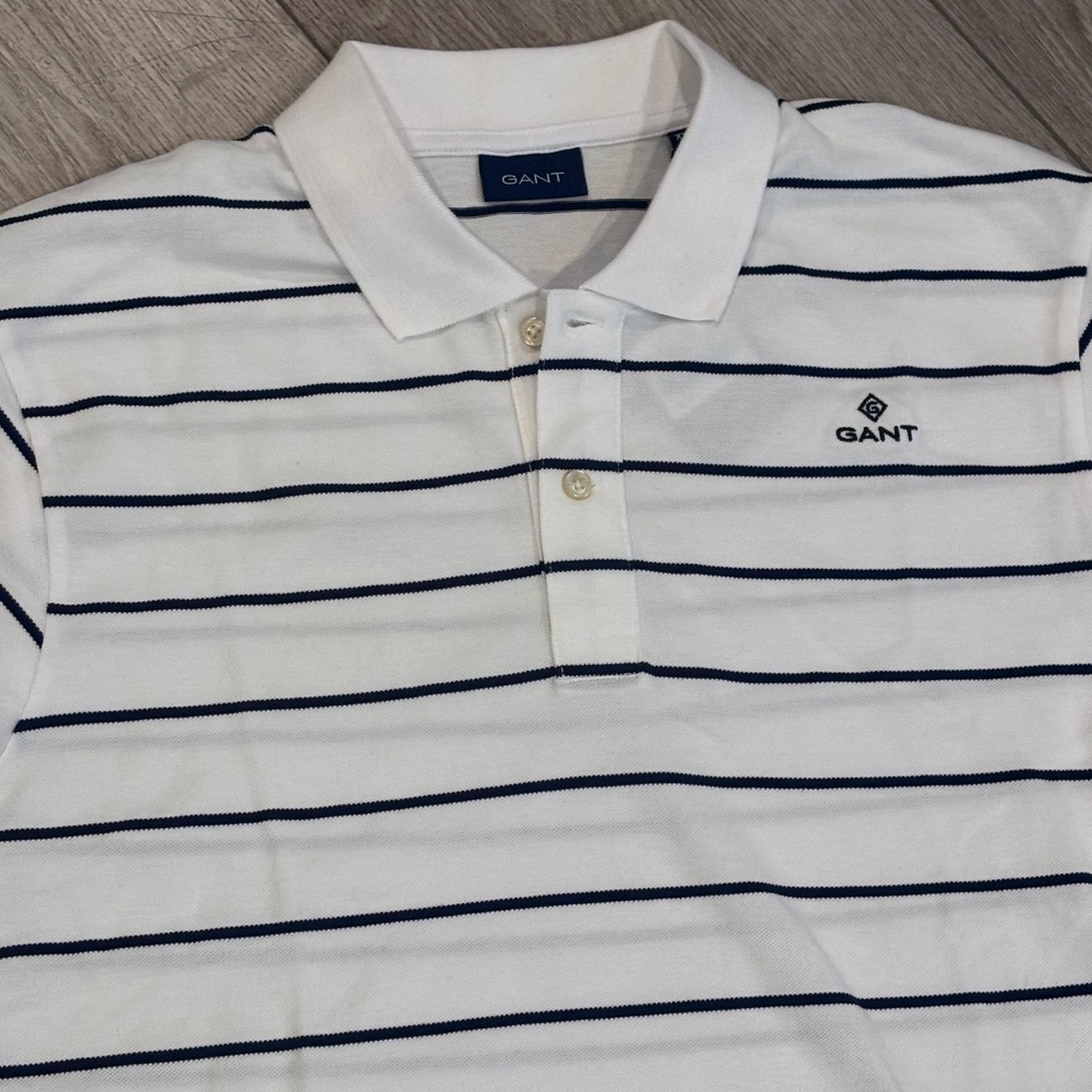Gant Polo Shirt Mens XXL White Navy Blue Striped Cotton Pique Preppy Casual New